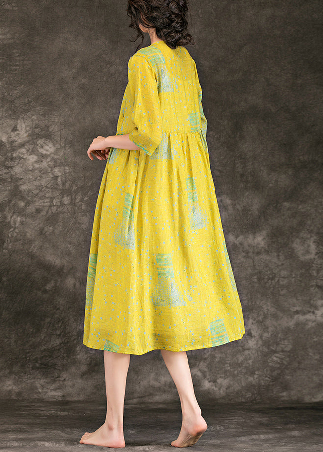 Simple v neck tie waist Chiffon clothes plus size Runway yellow print short Dress Summer