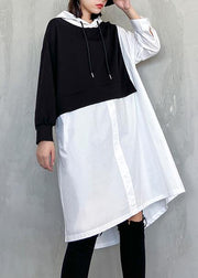Simple white clothes Women hooded patchwork Dresses - SooLinen