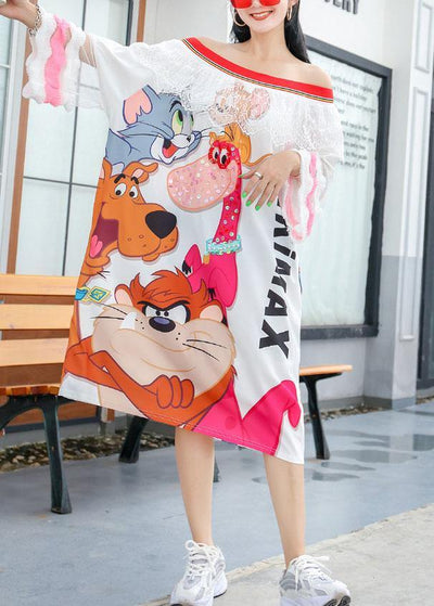 Simple white prints cotton clothes For Women Slash neck Robe summer Dresses - SooLinen