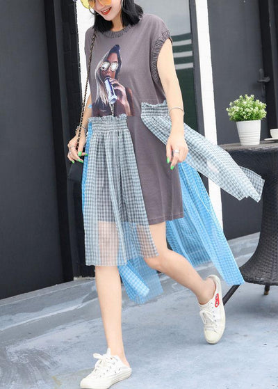 Simple Cinched o neck cotton Long Shirts Work Outfits gray patchwork cotton Dress summer - SooLinen