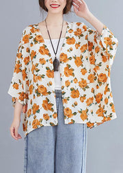 Simple yellow print top v neck Batwing Sleeve blouses - SooLinen