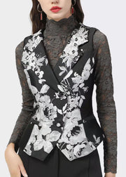 Slim Fit Black Peter Pan Collar button Print Vest Tops Spring