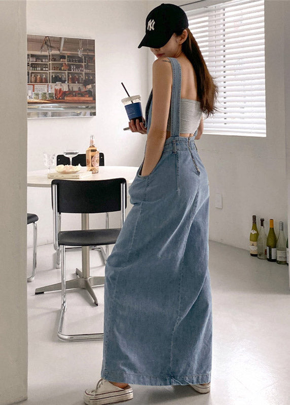 Slim Fit Blue Slash Neck Button Pockets Backless Denim Dress Sleeveless