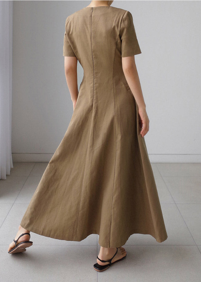 Slim Fit Khaki V-Ausschnitt Taschen Baumwolle langes Kleid mit kurzen Ärmeln
