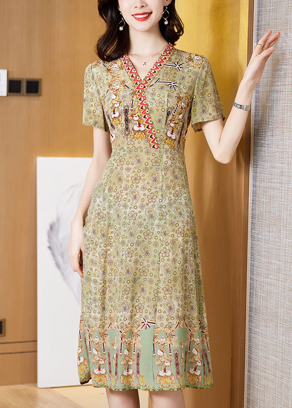 Slim Fit Light Green V Neck Print Exra Large Hem Silk Holiday Dress Short Sleeve