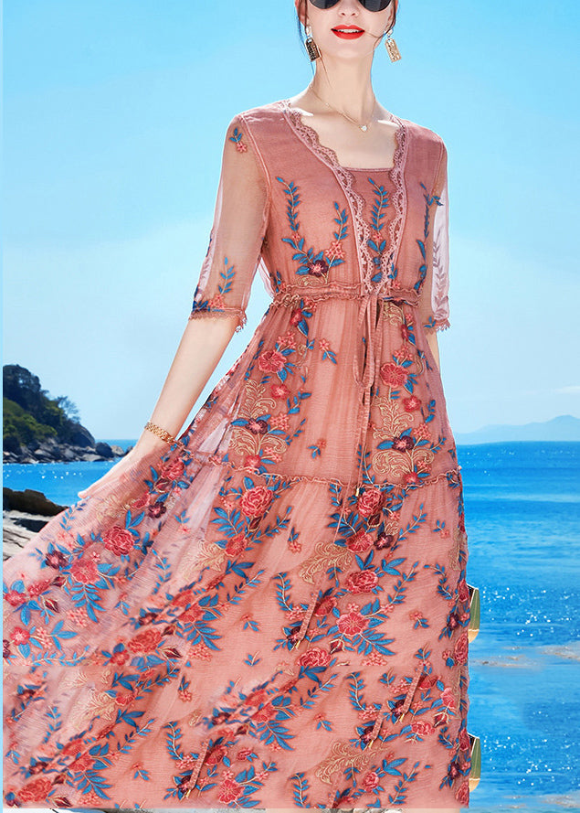 Slim Fit Pink Tie Waist Patchwork Blended Formal Dress Short Sleeve