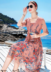 Slim Fit Pink Tie Waist Patchwork Blended Formal Dress Short Sleeve