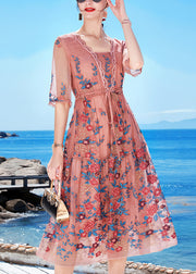 Slim Fit Pink Tie Waist Patchwork Blended Formal Dress Short Sleeve