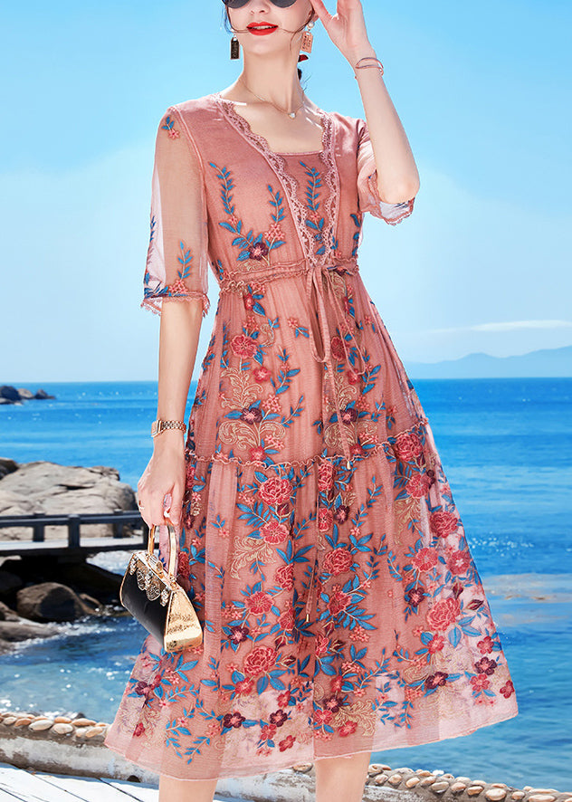 Slim Fit Pink Tie Waist Patchwork Blended Formal Dress Short Sleeve