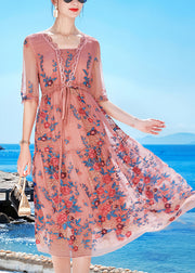 Slim Fit Pink Tie Waist Patchwork Blended Formal Dress Short Sleeve