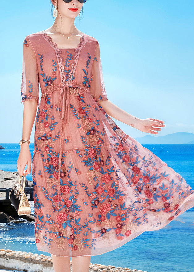 Slim Fit Pink Tie Waist Patchwork Blended Formal Dress Short Sleeve