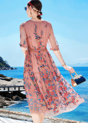 Slim Fit Pink Tie Waist Patchwork Blended Formal Dress Short Sleeve