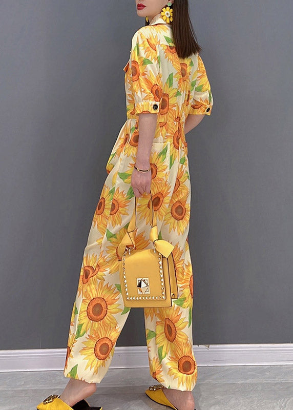 Slim Fit Yellow Peter Pan Collar Button Pockets Floral Print Overalls Jumpsuit Short Sleeve