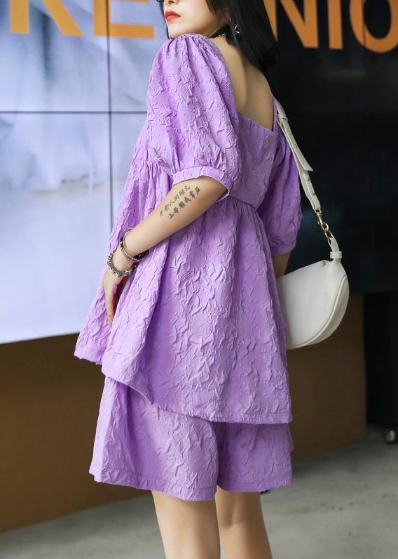 Slimming suit new large size bubble sleeve purple shirt shorts two-piece suit - SooLinen