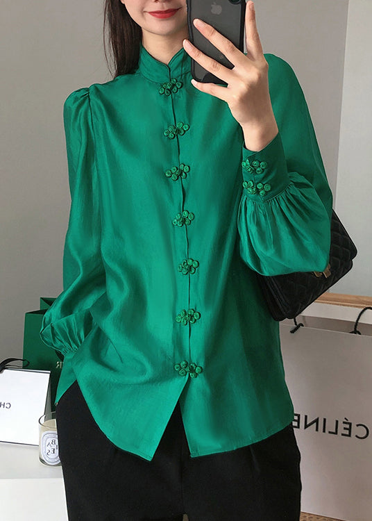 Fester grüner Stehkragen mit chinesischem Knopf Seidenbluse mit langen Ärmeln