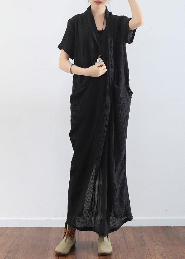 Spring And Summer New Black Linen Vintage V-neck Robe - SooLinen