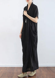 Spring And Summer New Black Linen Vintage V-neck Robe - SooLinen