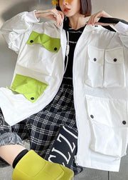 Spring Unique White Colorblock Pockets zippered Hooded Cotton Jacket - SooLinen