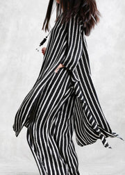 Spring loose multi-fit seven-point sleeve suit female long thin stripe shirt casual wide-leg pants - SooLinen
