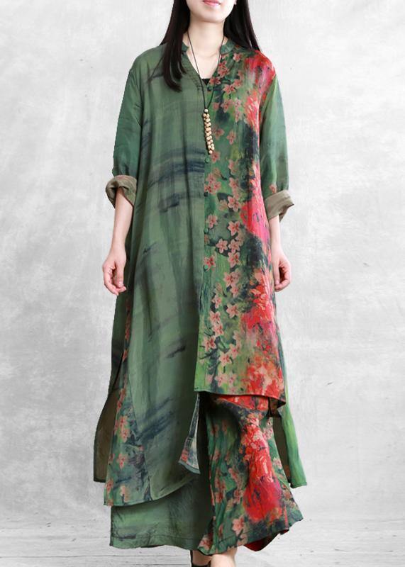 Spring silk suit loose loose irregular long shirt casual wide leg pants - SooLinen