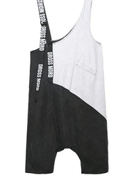 Strap  retro black gray patchwork overalls casual pants jeans women - SooLinen