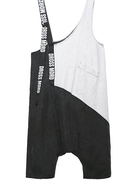 Strap  retro black gray patchwork overalls casual pants jeans women - SooLinen