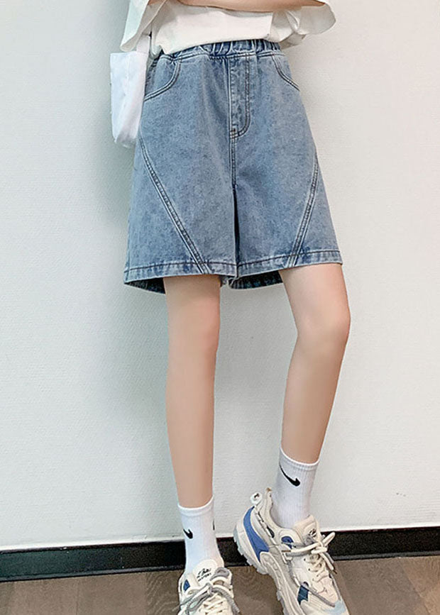 Streetwear Light Blue Elastic Waist Patchwork Cotton Denim Short Pants Summer