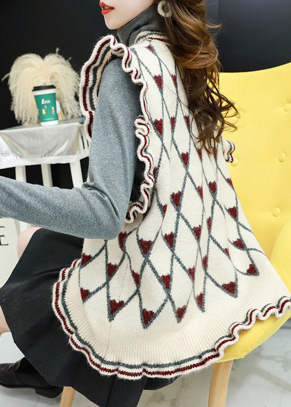 Style Beige O-Neck gekräuselte karierte Herbst-Strickweste