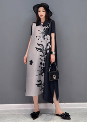 Style Black Peter Pan Collar Print Chiffon Holiday Dress Short Sleeve