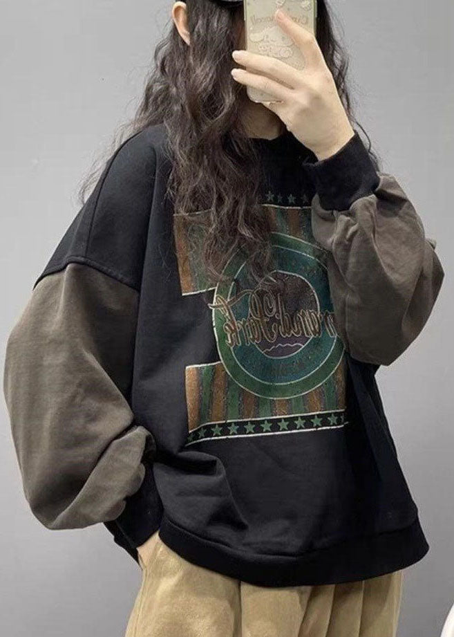 Stil Schwarzes bedrucktes Baumwoll-Sweatshirt Streetwear Frühling