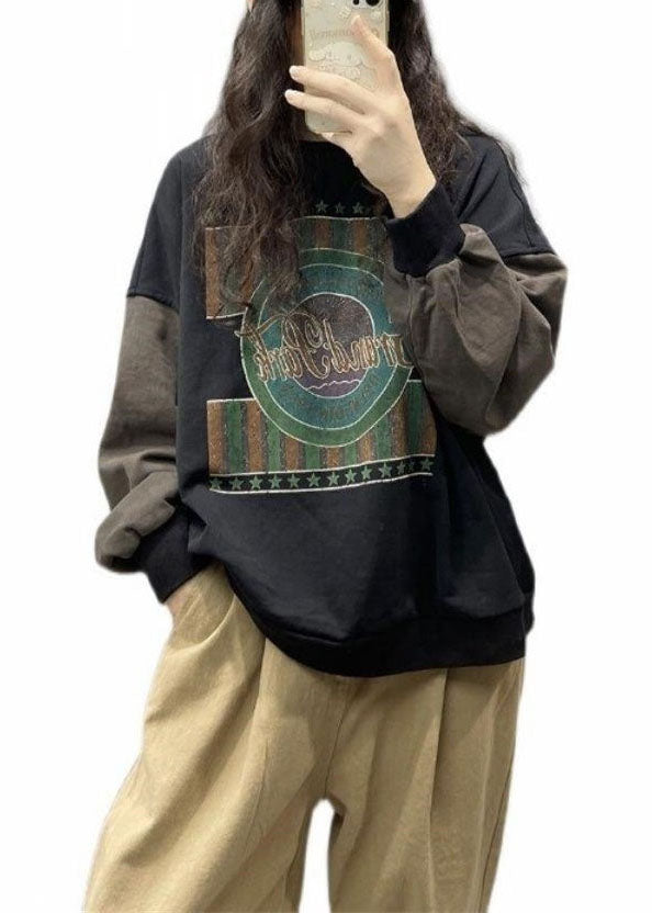 Stil Schwarzes bedrucktes Baumwoll-Sweatshirt Streetwear Frühling