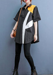 Style Black Print Peter Pan Collar Cotton Top Summer - SooLinen