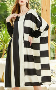 Style Black White Striped Chiffon Batwing Sleeve Spring Dress - SooLinen