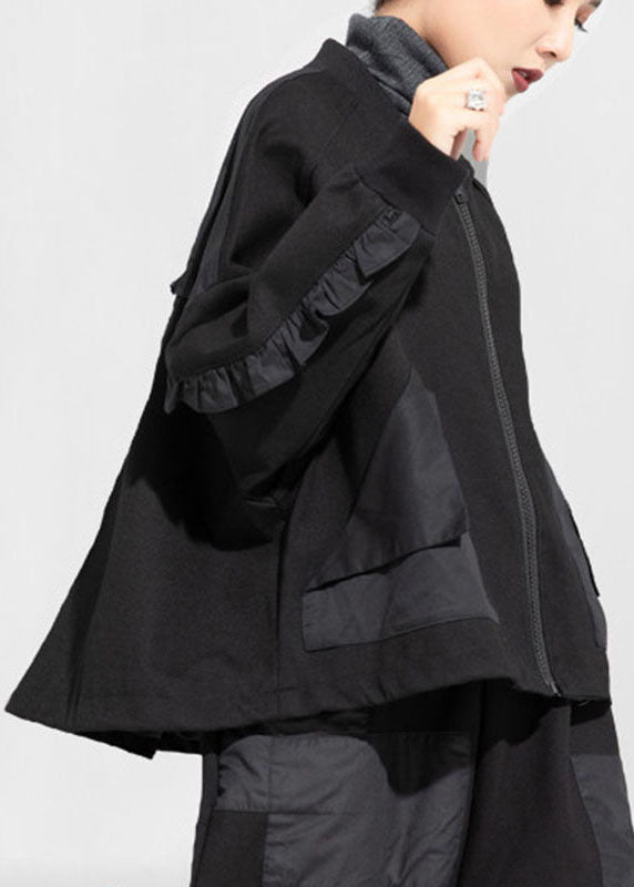 Style Schwarz Taschen mit Reißverschluss Patchwork Herbstmantel Langarm