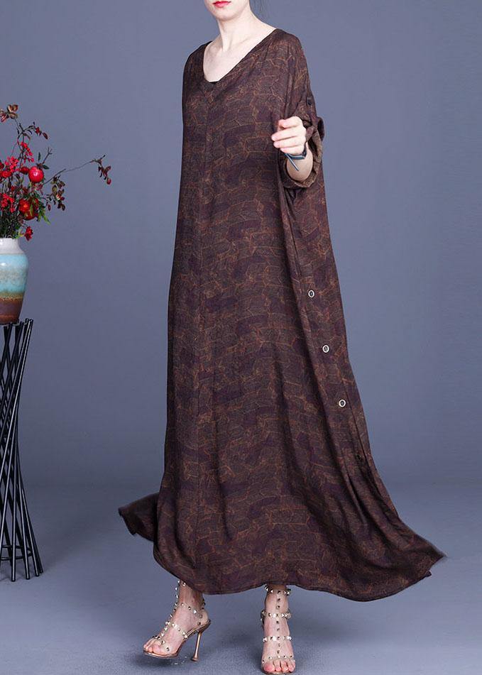 Style Chocolate Print V Neck side open Chiffon Dresses Summer - SooLinen