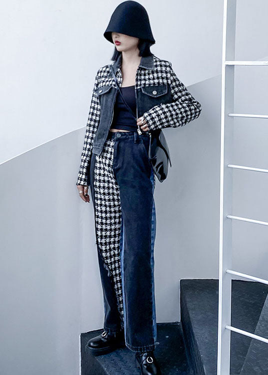 Style Denim Blue Pockets Patchwork Plaid Cotton Straight Crop Pants Fall