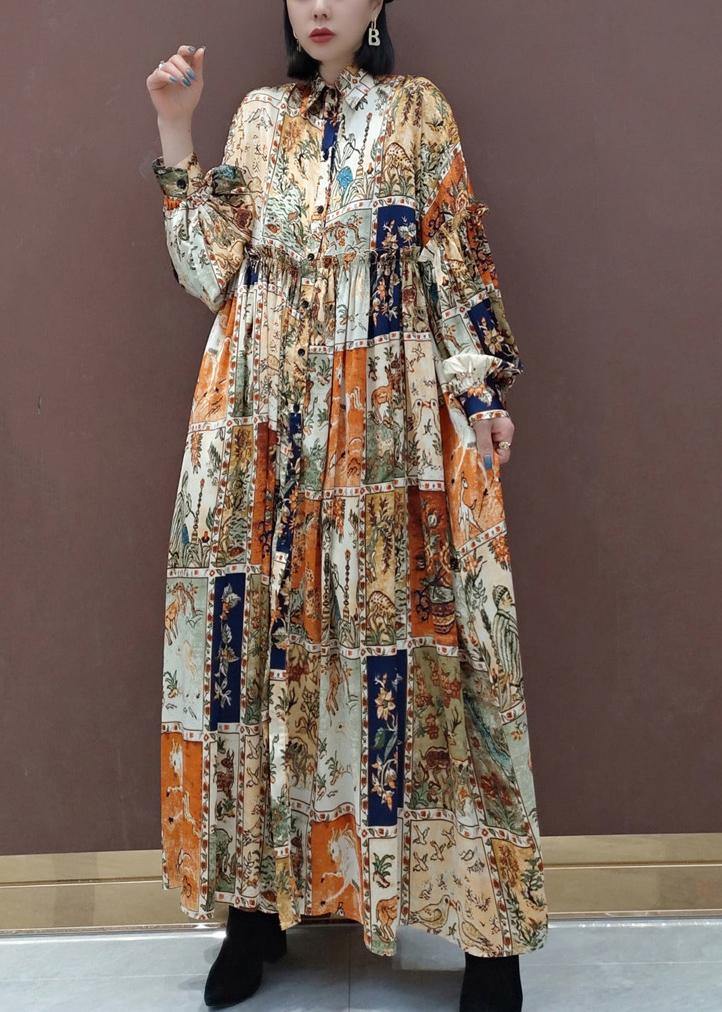 Style Floral Tunics Lapel Exra Large Hem Vestidos De Lino Spring Dresses - SooLinen