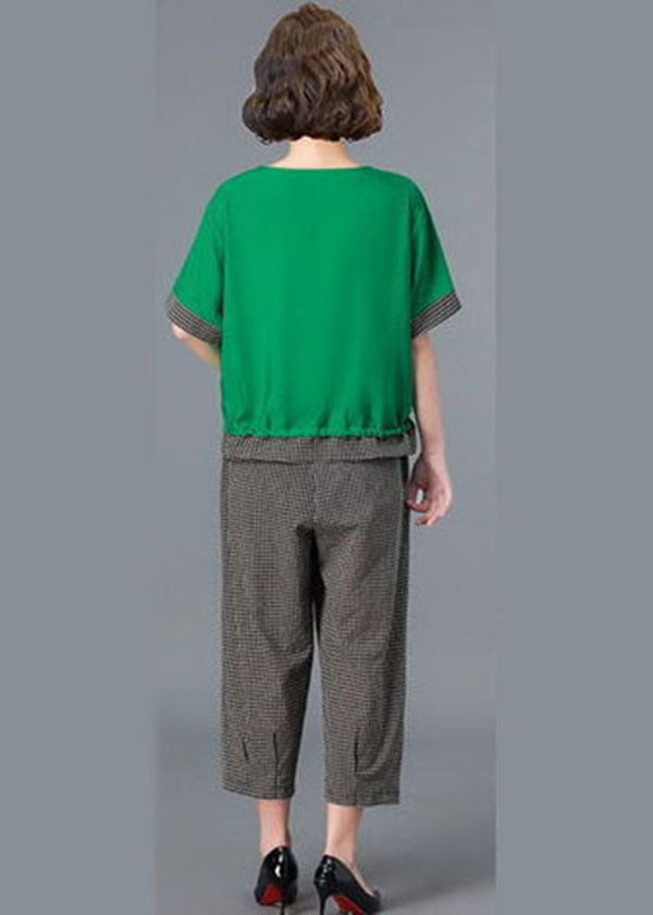 Style Green Asymmetrical Design Patchwork Linen Tops And Harem Pants Two Pieces Set Short Sleeve