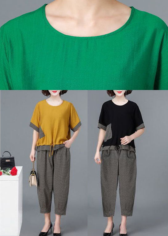 Style Green Asymmetrical Design Patchwork Linen Tops And Harem Pants Two Pieces Set Short Sleeve
