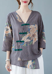 Style Graue Blusen mit V-Ausschnitt und halbem Ärmel