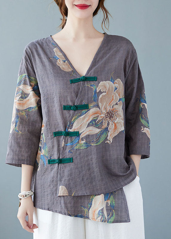 Style Graue Blusen mit V-Ausschnitt und halbem Ärmel