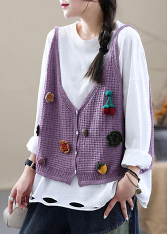 Style Khaki Embroideried Floral Fall Shirt Knit Vest Sleeveless - SooLinen