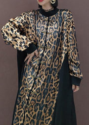 Style Leopard Clothes Stand Collar Patchwork Art Spring Dress - SooLinen