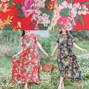 Style Navy Print Tunics Chinese Button Traveling Summer Dress - SooLinen