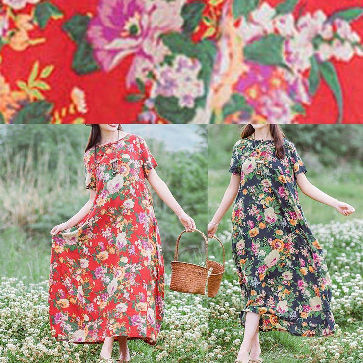 Style Navy Print Tunics Chinese Button Traveling Summer Dress - SooLinen