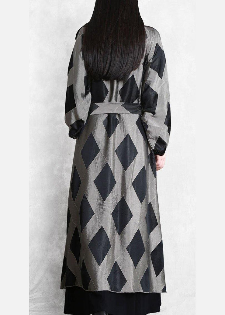 Style Notched tie waist Fashion Coats Women gray plaid tunic jackets - SooLinen