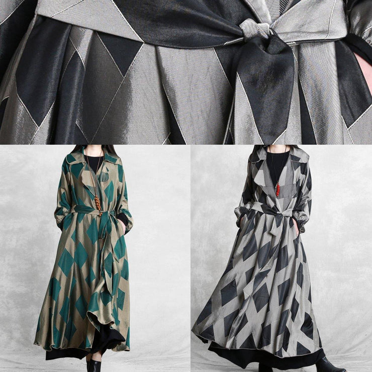 Style Notched tie waist Fashion Coats Women gray plaid tunic jackets - SooLinen