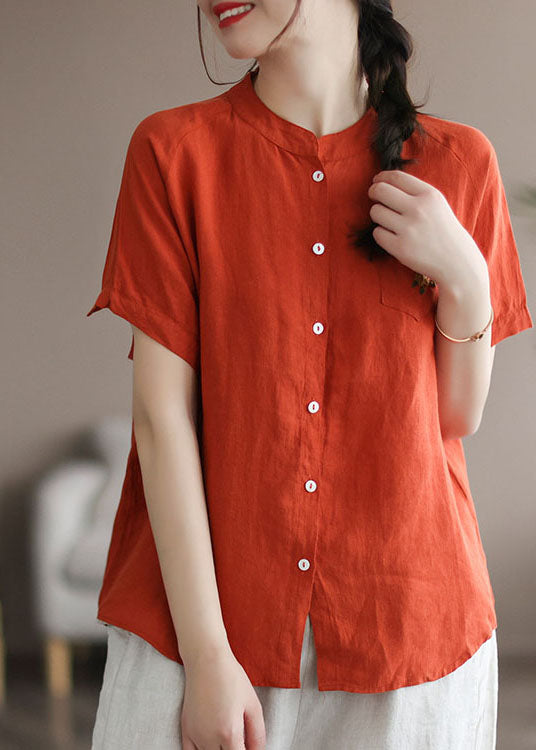 Style Orange Stand Collar Pocket Linen Blouse Tops Short Sleeve
