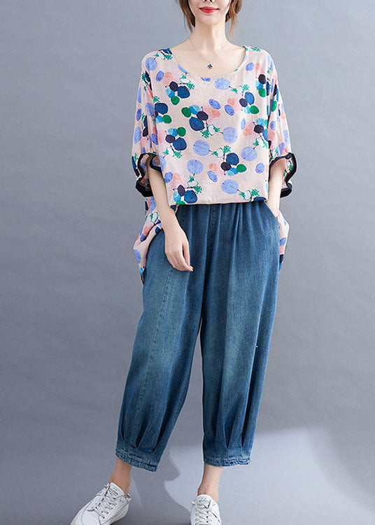 Style Pink O-Neck Print asymmetrisches Design Rüschen Herbst Top mit halben Ärmeln