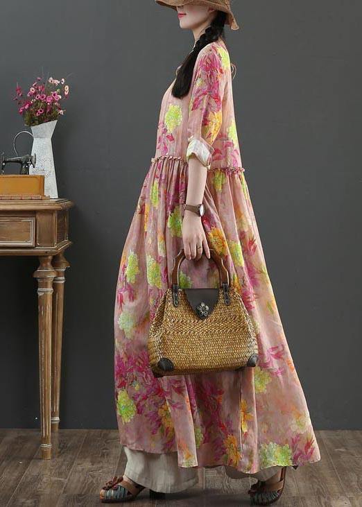 Style Pink Print Pockets Summer Linen Dress - SooLinen